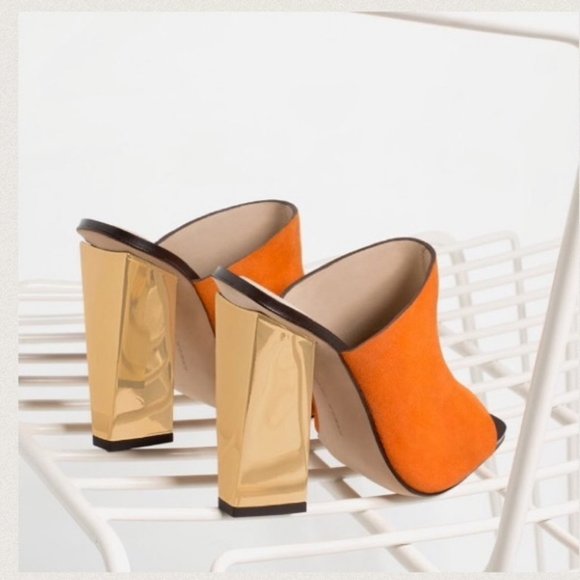 Zara Orange Leather Heeled Mules with Gold Heel 6 - Picture 2 of 5